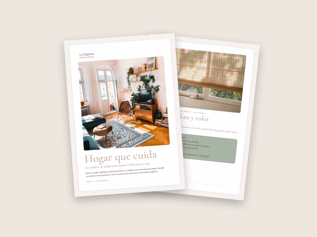 Portada y página interior de la guía Hogar que cuida de La Hogarista, con criterios de luz, materiales y distribución
