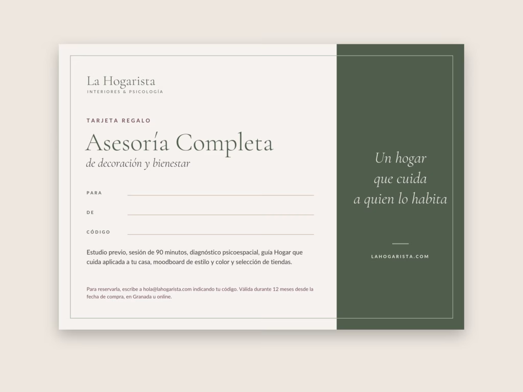 Tarjeta regalo de La Hogarista para una asesoría de decoración y bienestar