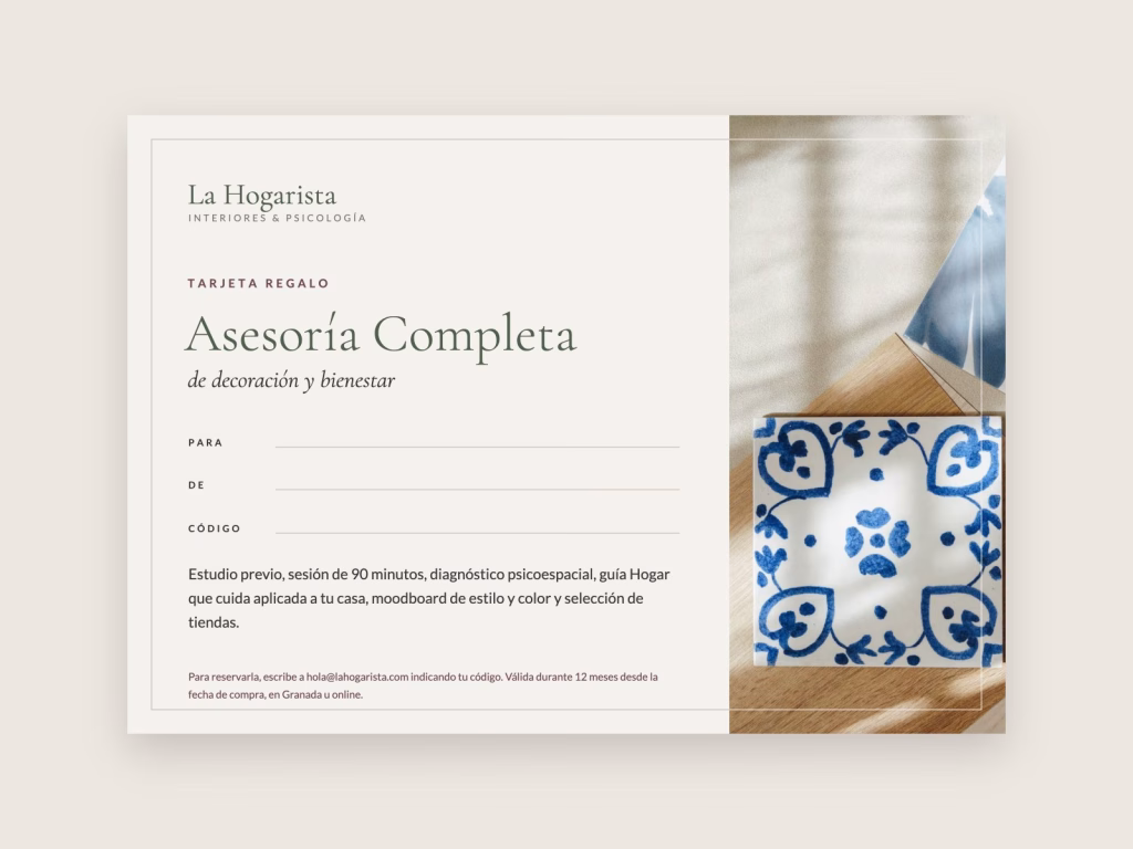 Tarjeta regalo de La Hogarista para una asesoría de decoración y bienestar